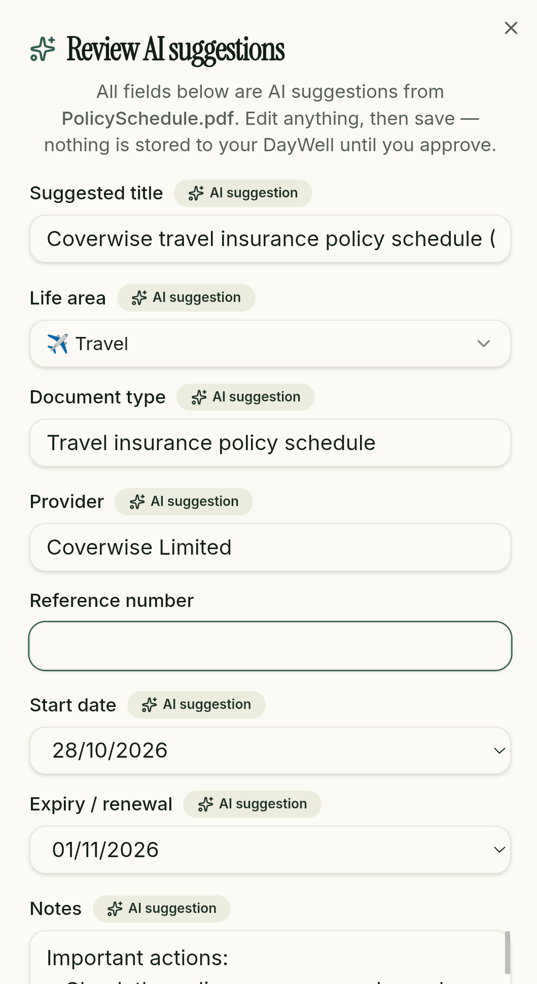 DayWell AI suggestion review screen, pre-filling a travel insurance document's details from an uploaded PDF for the user to confirm.