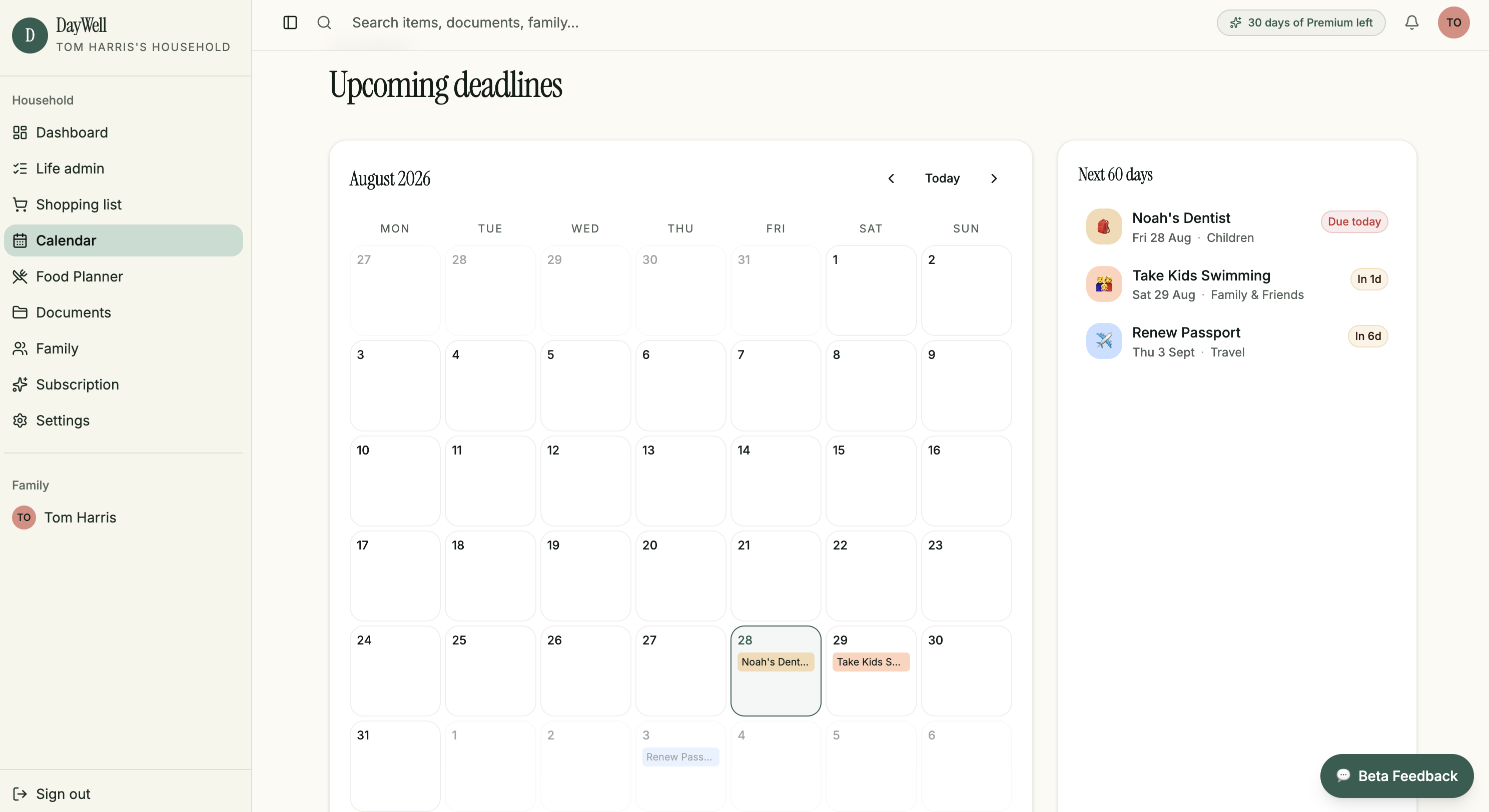 DayWell calendar month view with household navigation sidebar and an upcoming-deadlines panel.