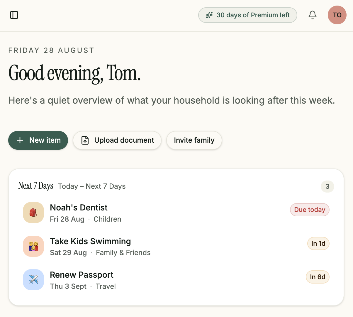 DayWell dashboard showing today's date, a greeting, quick actions, and the next 7 days of tasks and events.