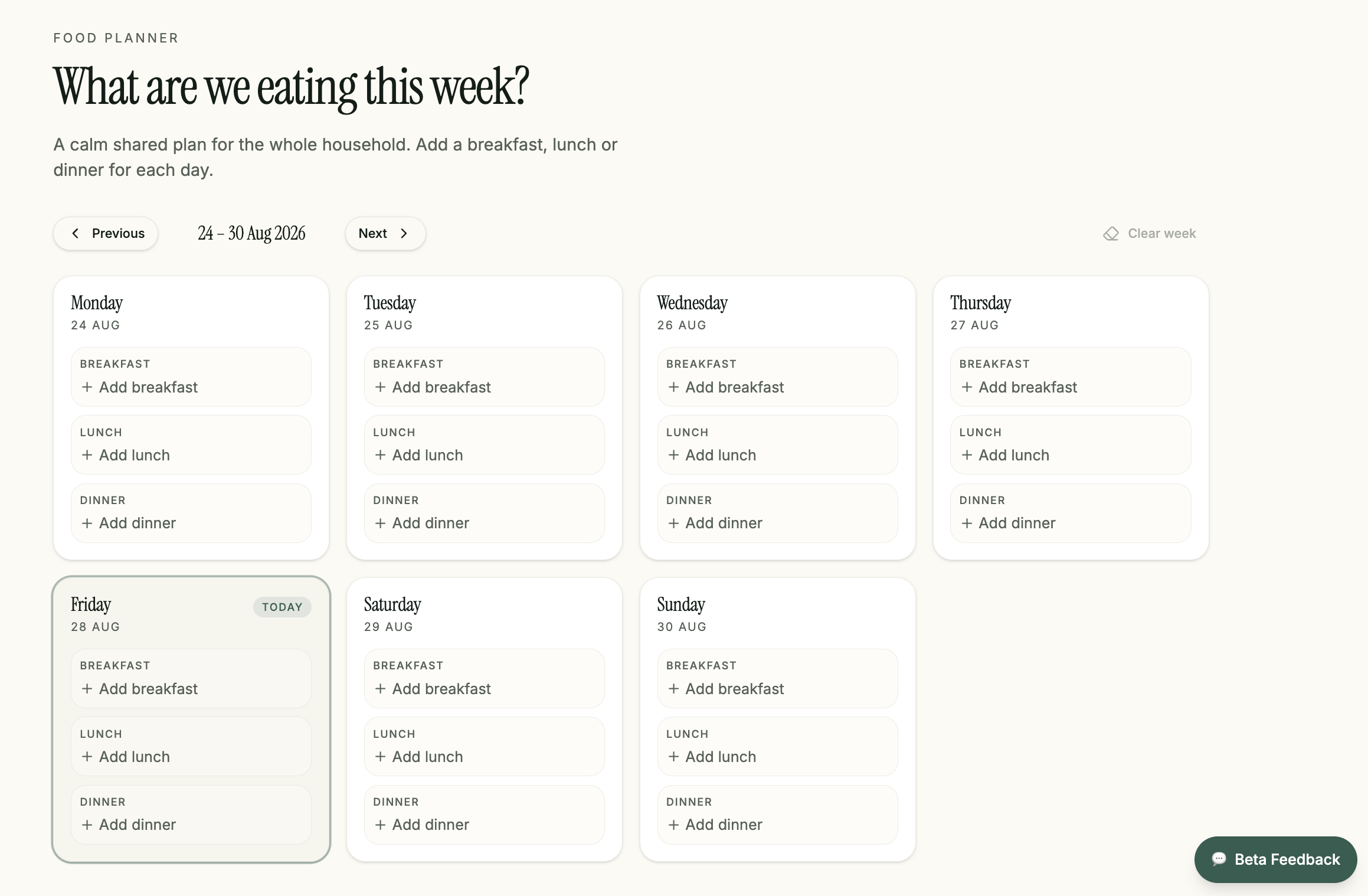 DayWell food planner showing a week of breakfast, lunch and dinner slots for the whole household.