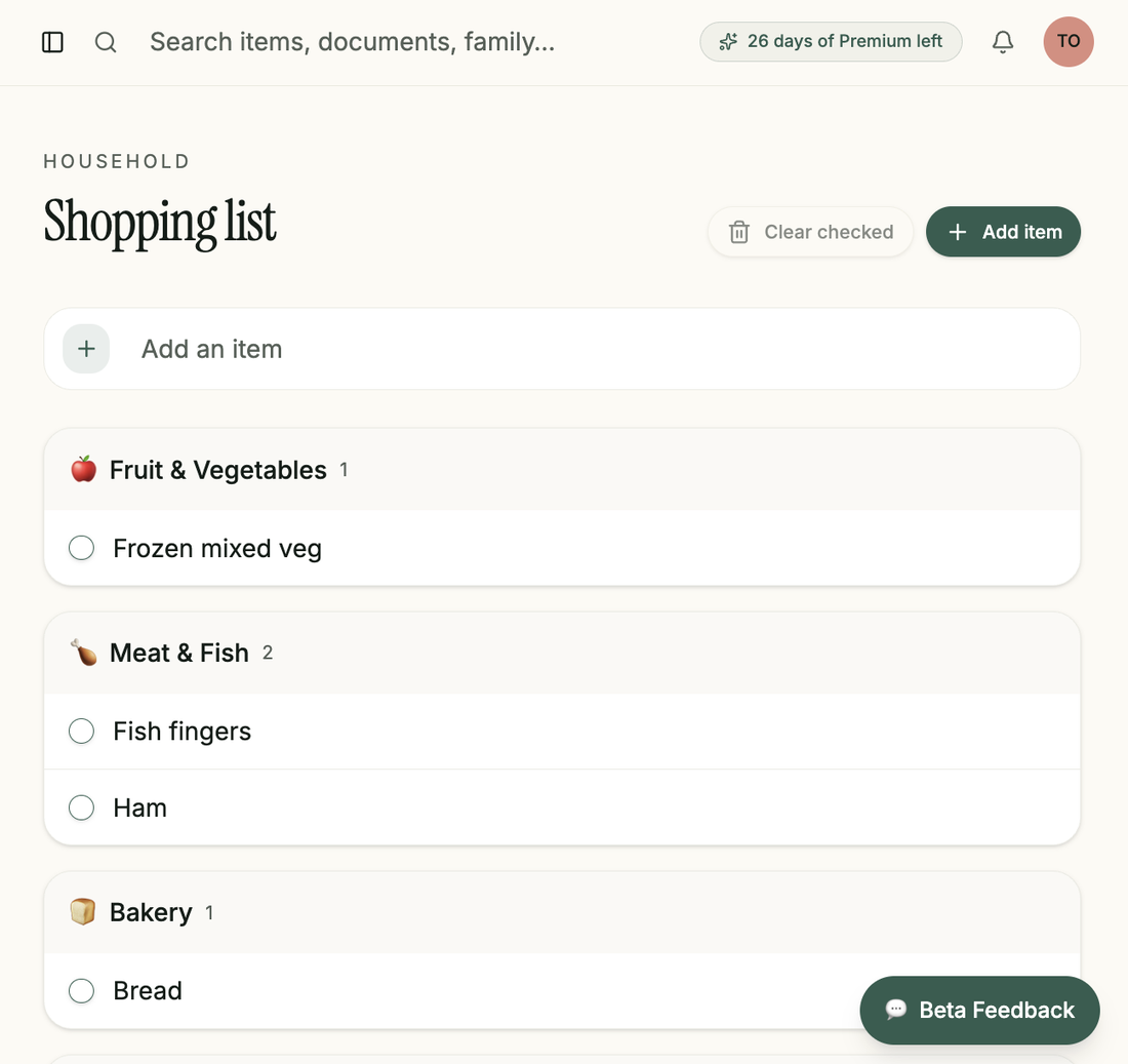 DayWell shopping list organised by category