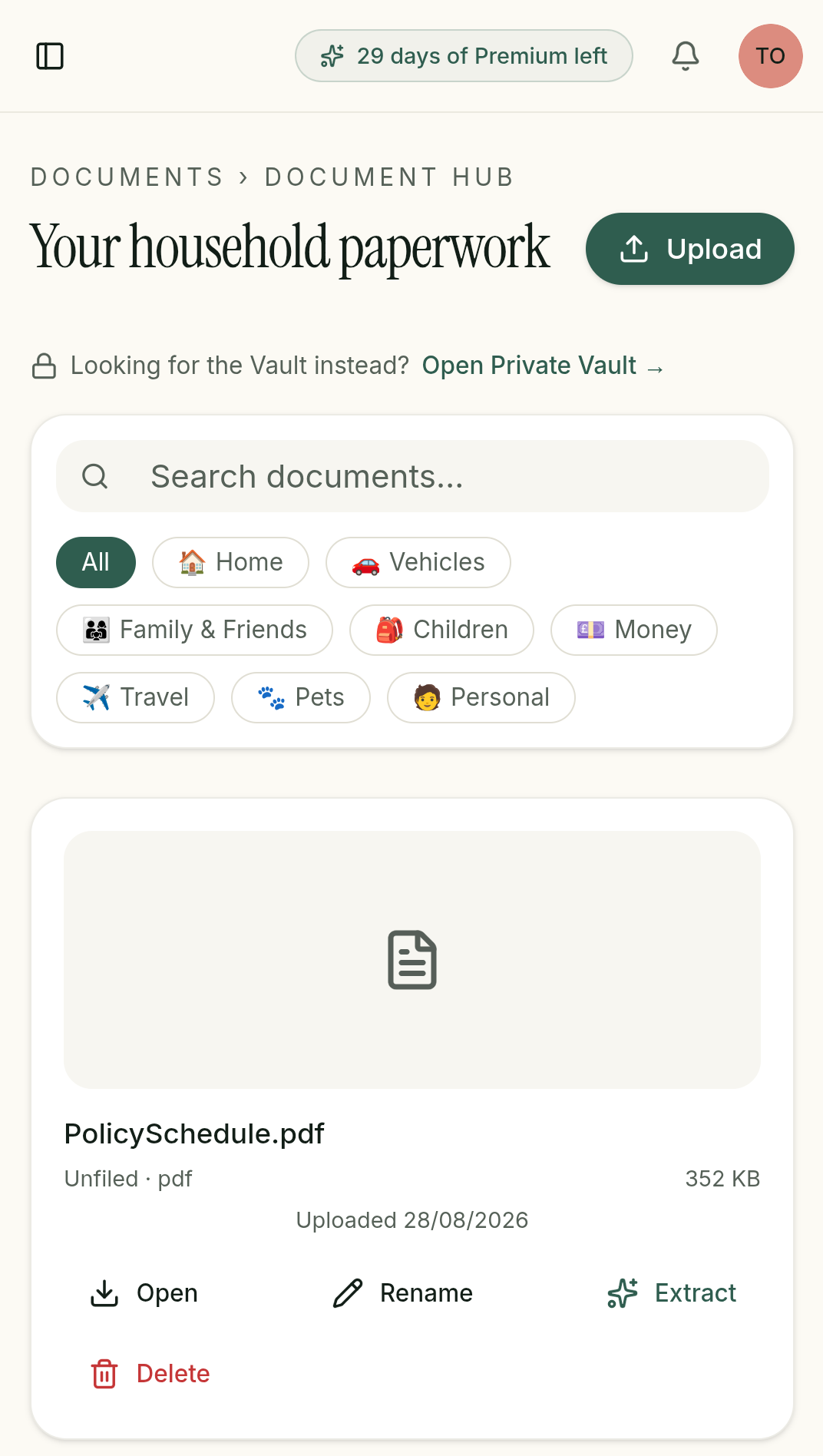 DayWell document hub showing household paperwork organised by category, with a link through to the private Vault.